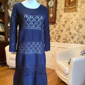 Women Boden Crochet Cotton Midi Dress Navy Blue Us 10, UK 14